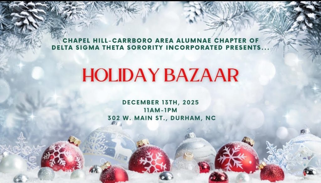 Holiday Bazaar flyer featuring red and silver ornaments, frosted winter branches, and event details for the Chapel Hill–Carrboro Area Alumnae Chapter of Delta Sigma Theta Sorority on December 13, 2025, in Durham, NC.
