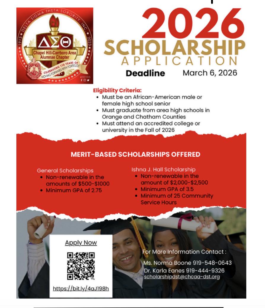 2026 scholarship application flyer for African American high school seniors in Orange and Chatham Counties, deadline March 6, 2026, merit-based awards up to $2,500.