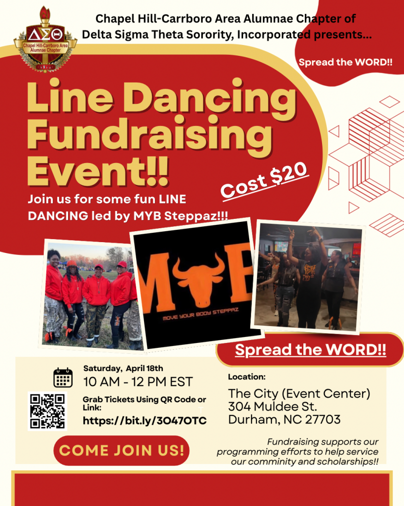 Delta Sigma Theta Chapel Hill-Carrboro Area Alumnae Chapter flyer for line dancing fundraising event, April 18 in Durham, NC, featuring MYB Steppaz, $20 entry, QR code, and event details.