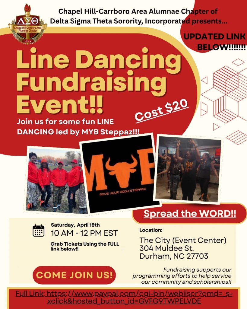 Line dancing fundraising event flyer by Chapel Hill-Carrboro Area Alumnae Chapter of Delta Sigma Theta Sorority, featuring MYB Steppaz, April 18, 10 AM–12 PM in Durham, NC, $20 entry, ticket link and QR code included.